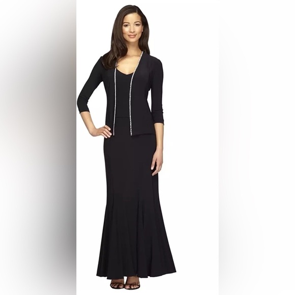 ALEX EVENINGS Dress Diamond Rhinestone Trim 2pc with Jacket Black SZ 16 - Picture 1 of 9